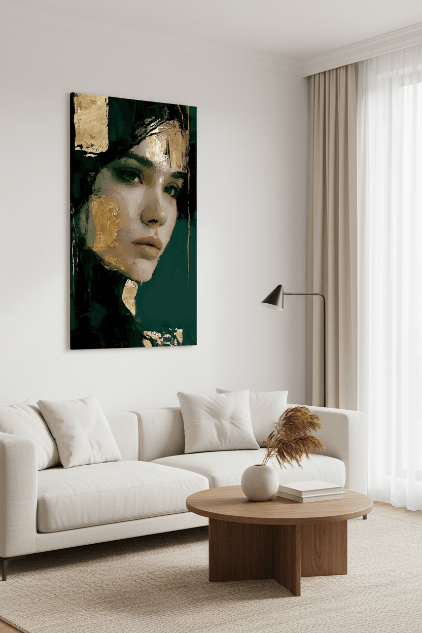 Framed vertical portrait of an abstract woman face, gold highlights with dark green strokes.