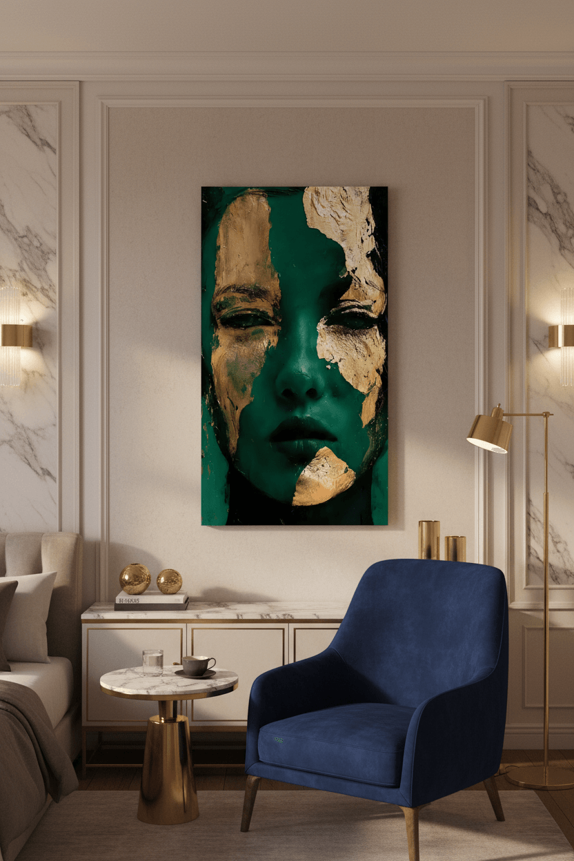 Black-framed face portrait wall art with teal green and gold texture