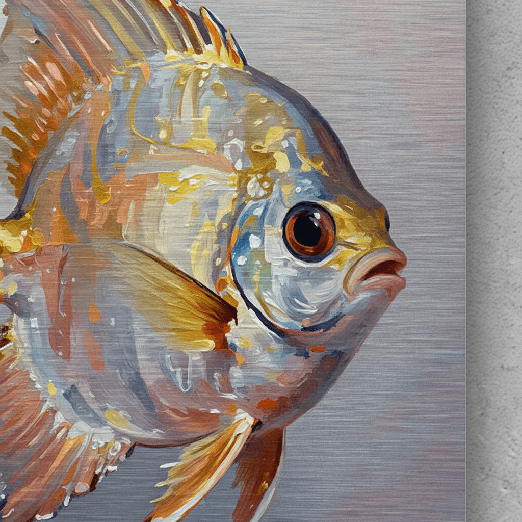 Tropical fish metal print close-up of a pufferfish eye, fins, and orange-blue scales.