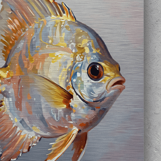 Tropical fish metal print close-up of a pufferfish eye, fins, and orange-blue scales.