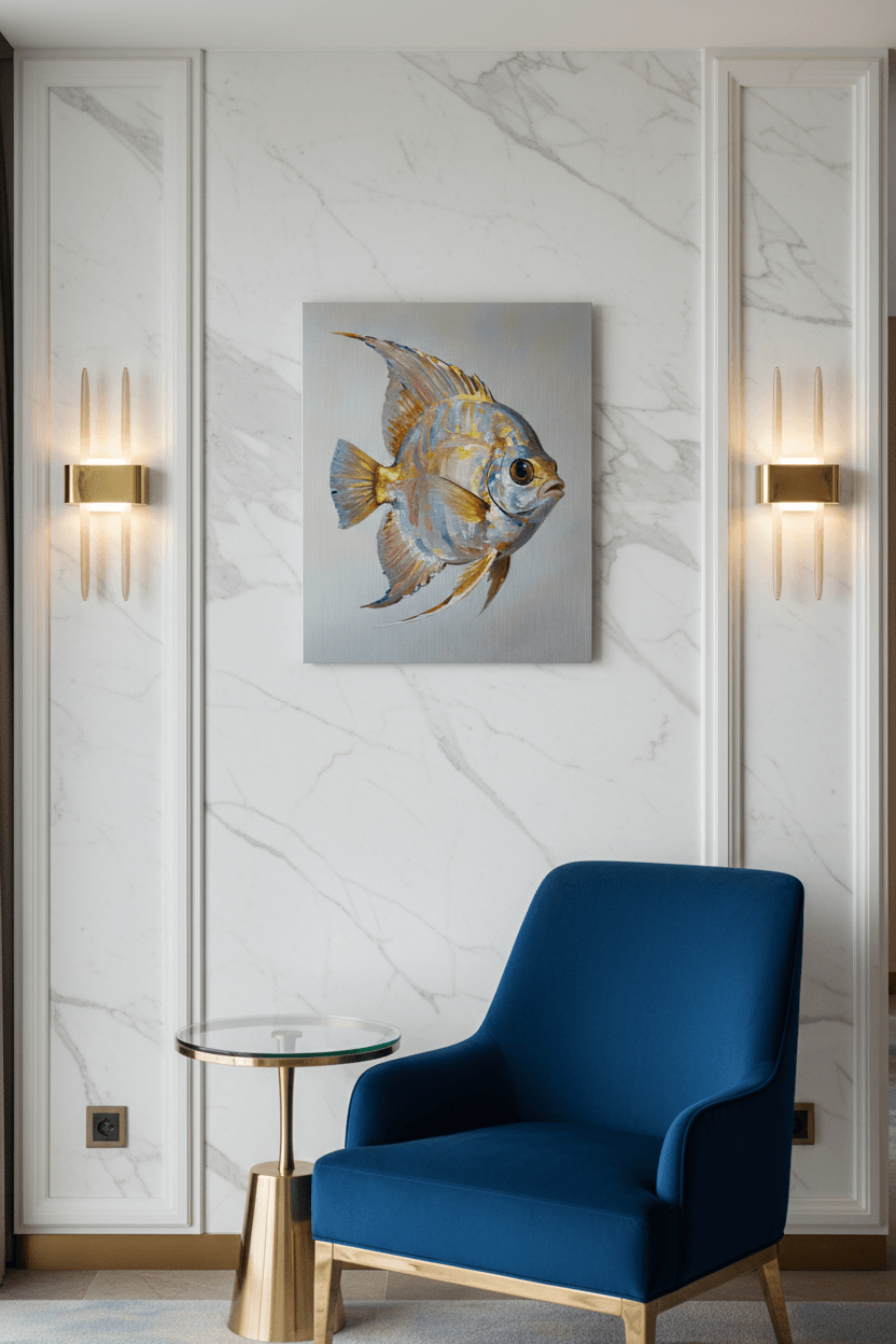 Tropical fish metal print showing a colorful pufferfish centered on a light blue field.