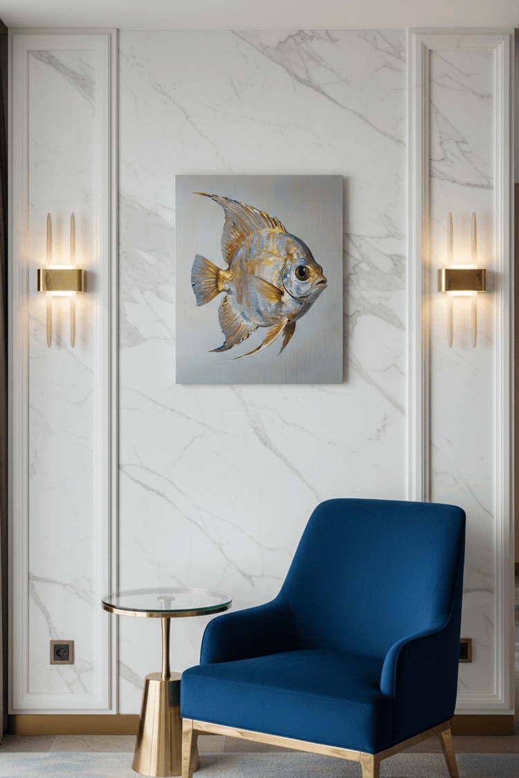 Tropical fish metal print showing a colorful pufferfish centered on a light blue field.