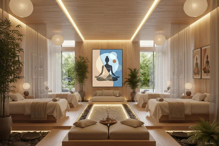 Framed wall art featuring seated female meditation silhouette against blue and beige abstract circles