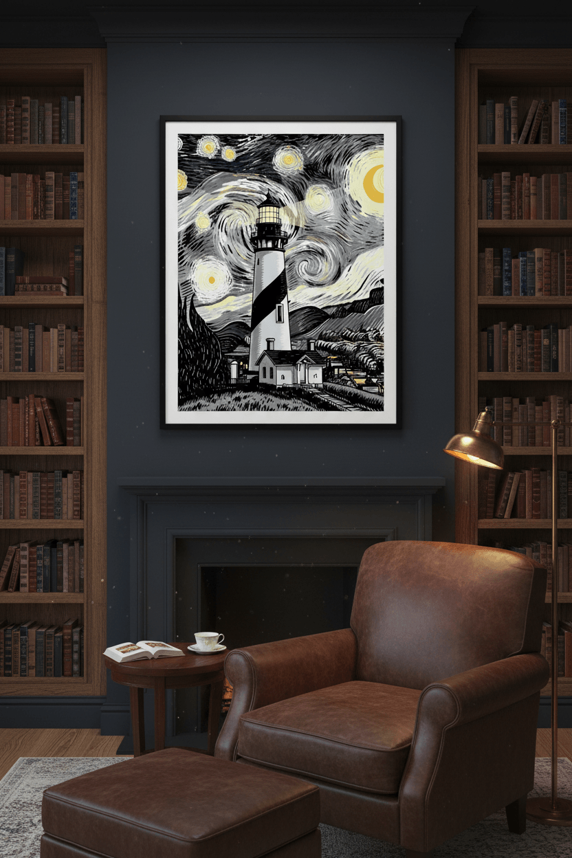 Framed lighthouse wall art depicting a white lighthouse under a starry sky and moon.