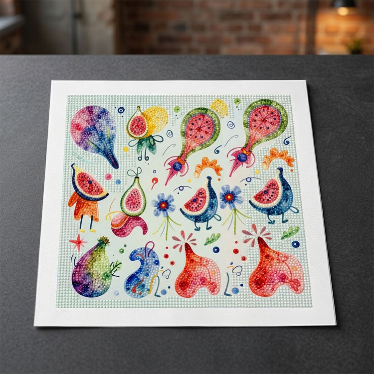 Close-up styled view of colorful fruit and abstract shapes diamond painting without a frame