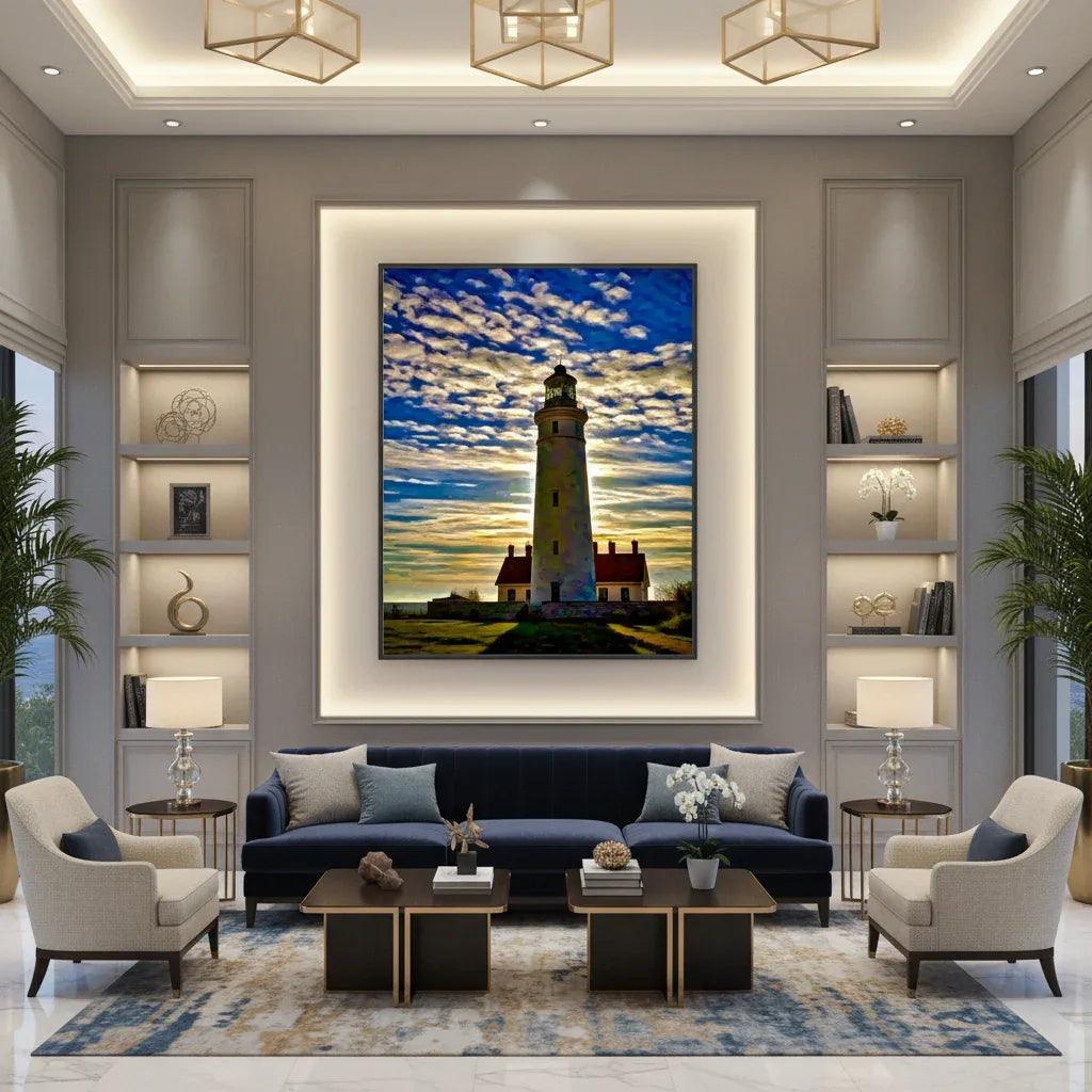 Framed lighthouse wall art centered on a tall lighthouse tower and bright clouds