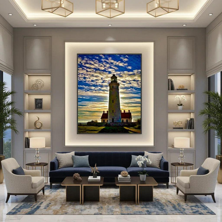 Framed lighthouse wall art centered on a tall lighthouse tower and bright clouds