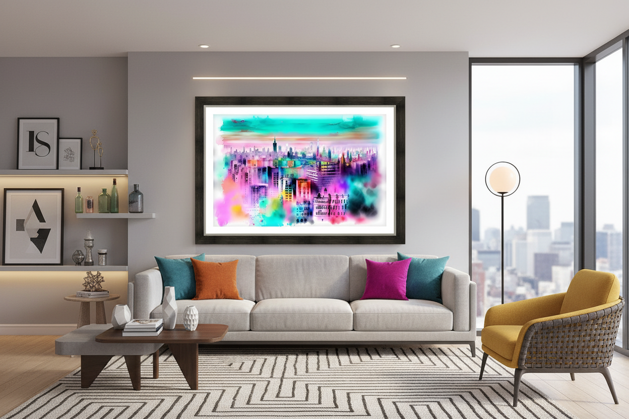 Electric Dreams Cityscape - Stylish Living Room Mockup