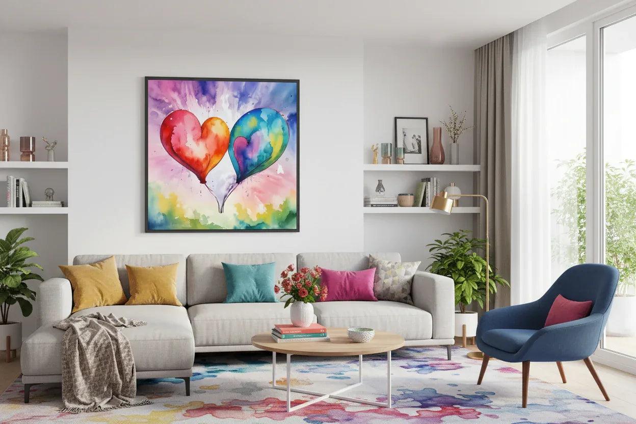Framed watercolor wall art featuring three heart-shaped balloons