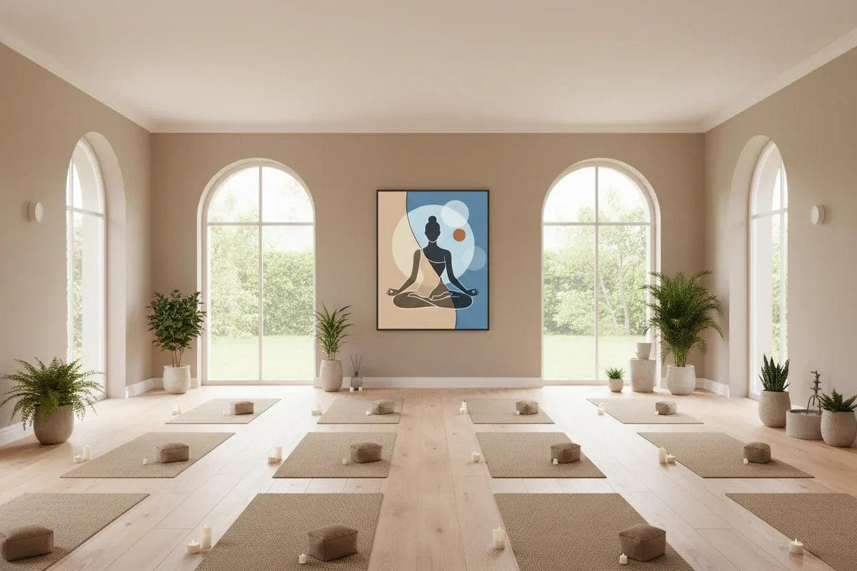 Framed meditation silhouette wall art showing a seated female figure on blue and beige abstract design