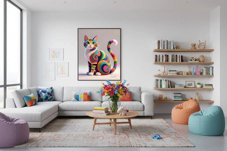 Framed colorful cat wall art on wall, rainbow-swirl curled cat illustration