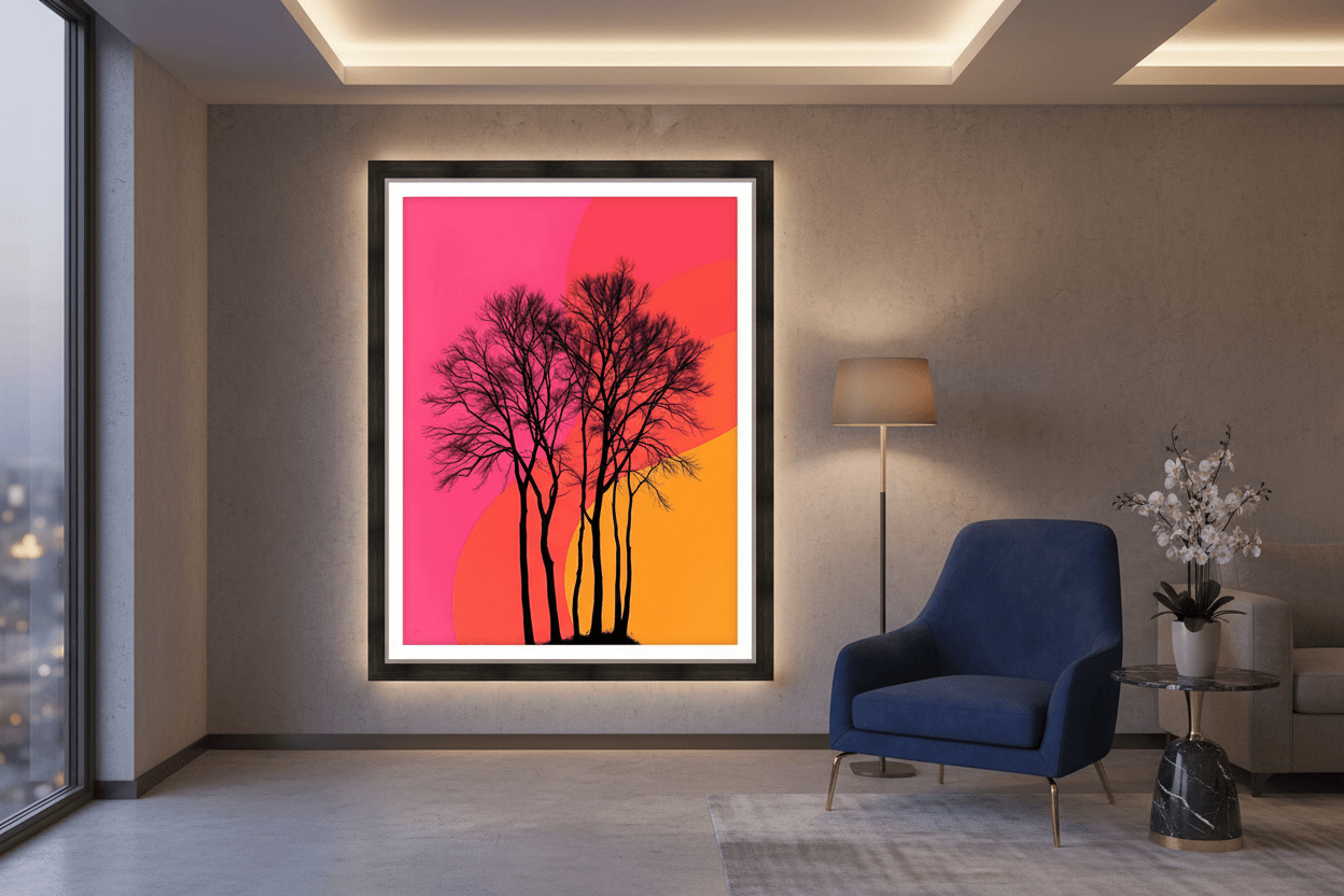 Framed wall art with black tree silhouettes and vivid pink-to-orange sunset color blocks