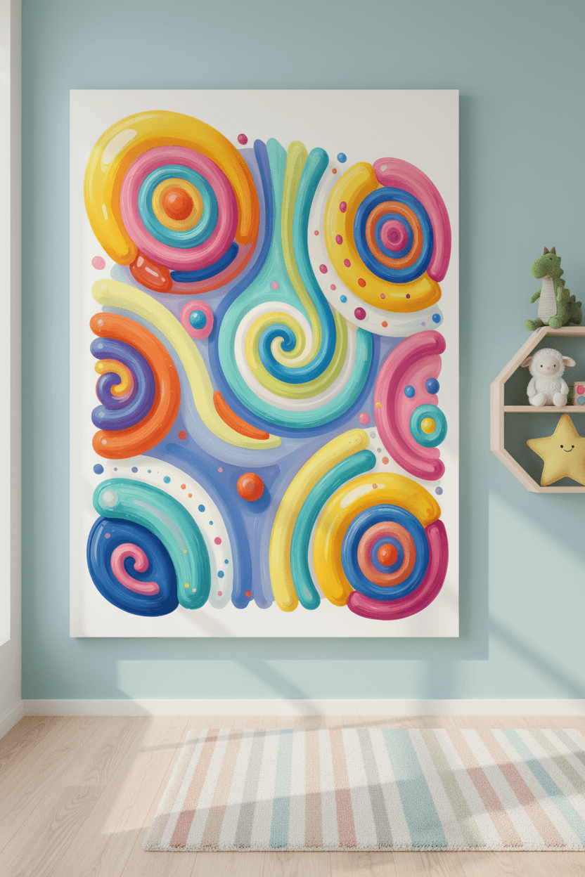 Abstract swirl wall art print with rainbow spiral shapes and colorful dot details
