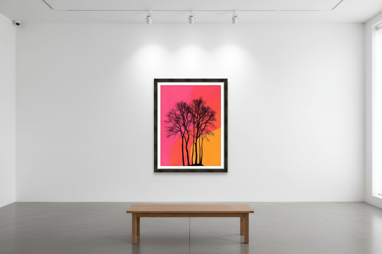 Framed wall art featuring black tree silhouettes with pink and orange sunset gradient