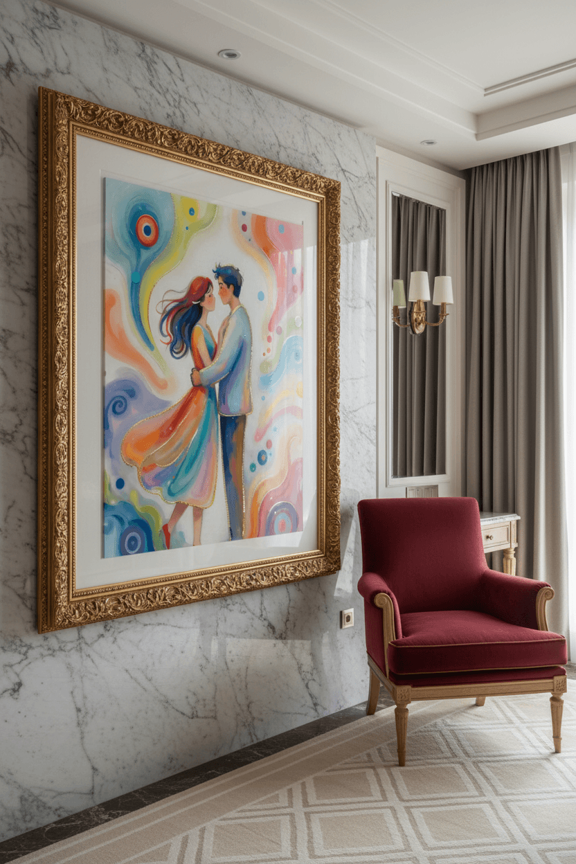 Framed couple canvas print with pastel blue gown, orange dress, and floating circles
