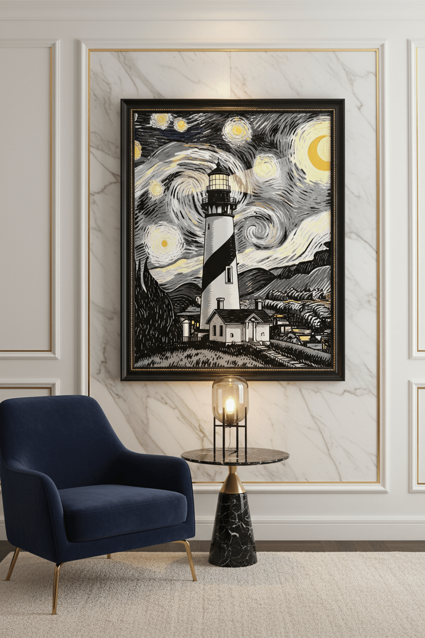Lighthouse wall art in a black frame with starry sky and swirling wind lines.
