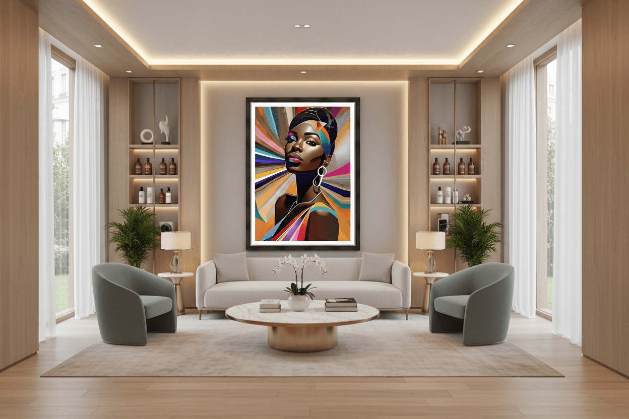 Framed geometric portrait print of a woman in colorful abstract shapes