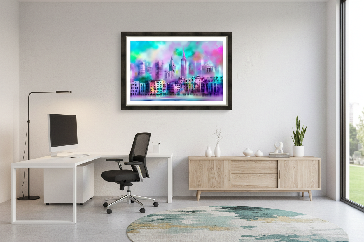 Dreamy Pastel Cityscape - Contemporary Office Mockup