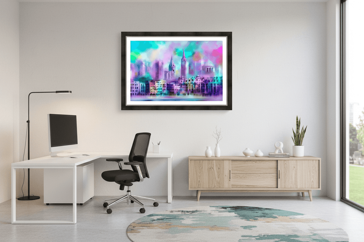 Framed pastel city skyline wall art above a desk and cabinet, with colorful towers
