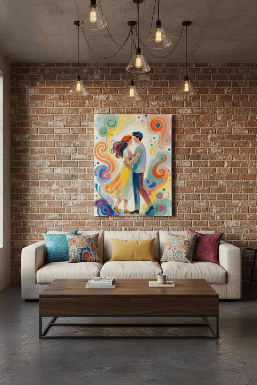 Romantic couple canvas wall art, woman in yellow dress and man in blue, decorative swirls
