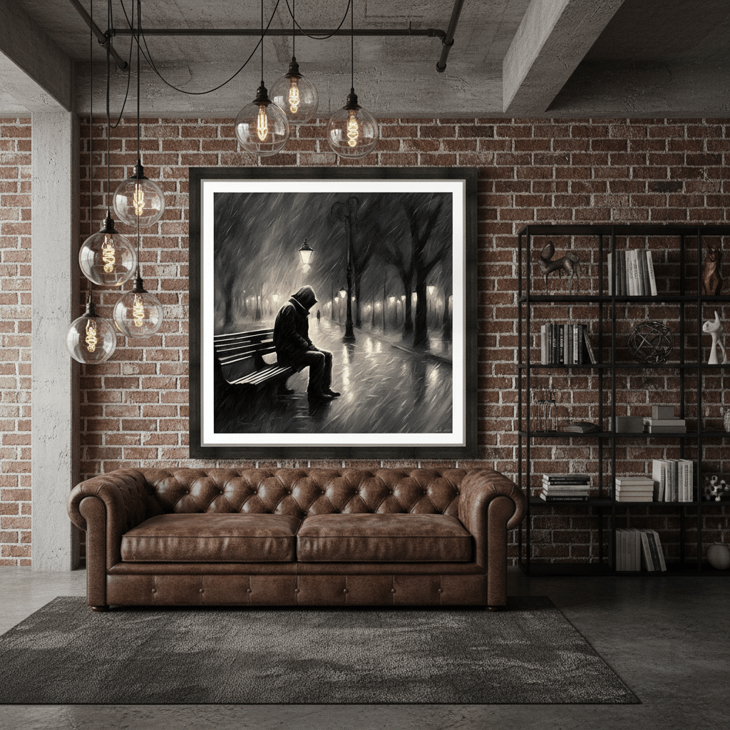 Framed monochrome wall art showing a man seated on a bench in a foggy street