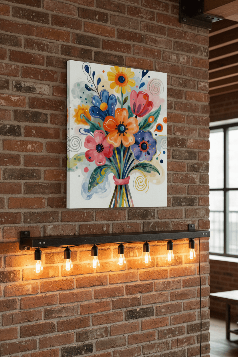 Wall-mounted abstract floral bouquet canvas with blue, orange, pink, and yellow flowers