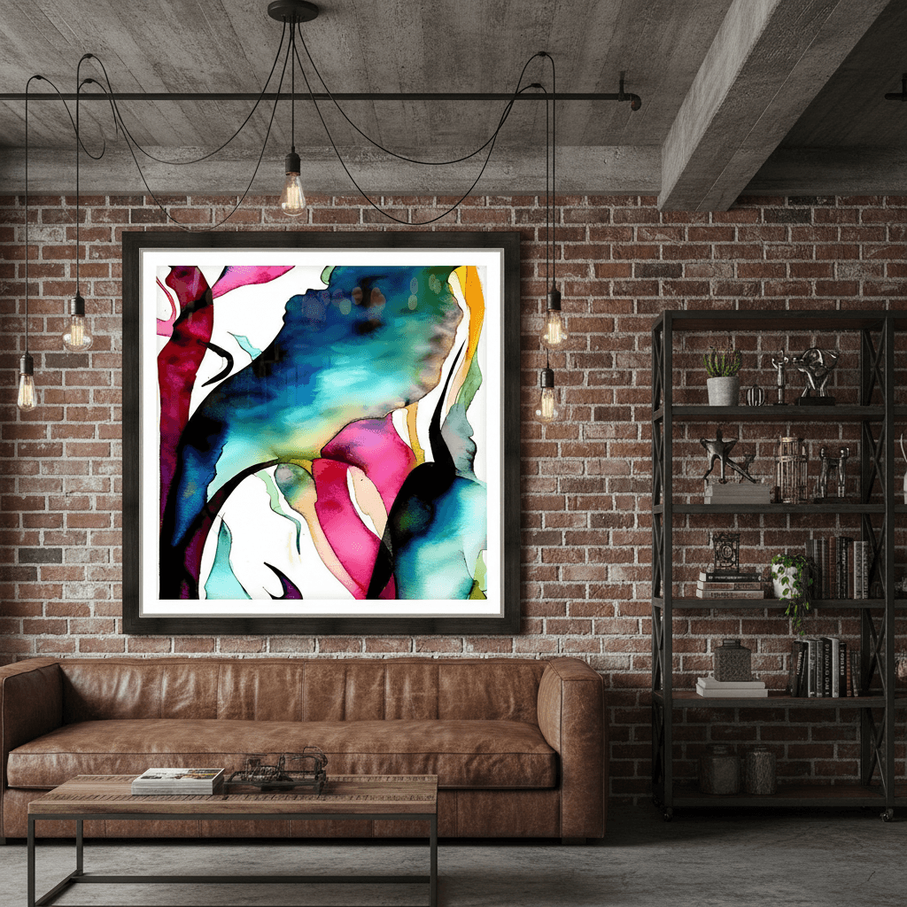 Framed abstract fluid wall art in pink, teal, blue, and green with a partial face figure.