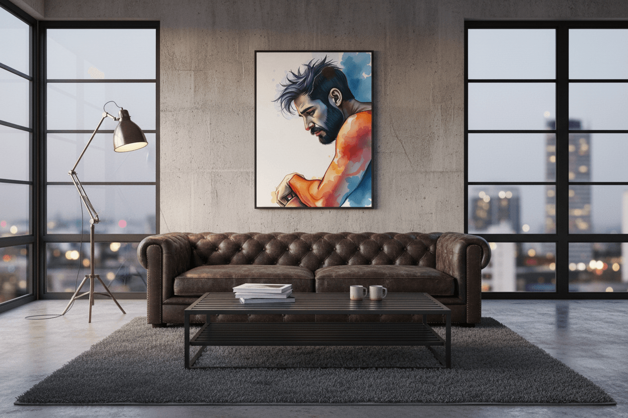 Framed portrait wall art of a contemplative man with blue and orange paint splashes.