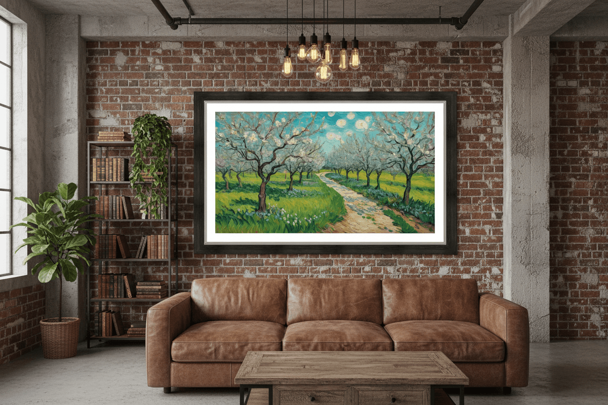 Orchard landscape art print in white mat and frame, winding path through spring trees