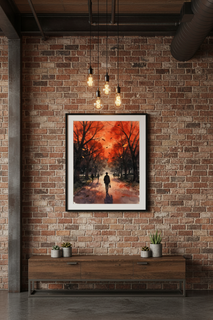 Black framed autumn park wall art with orange canopy trees and lone silhouetted walker