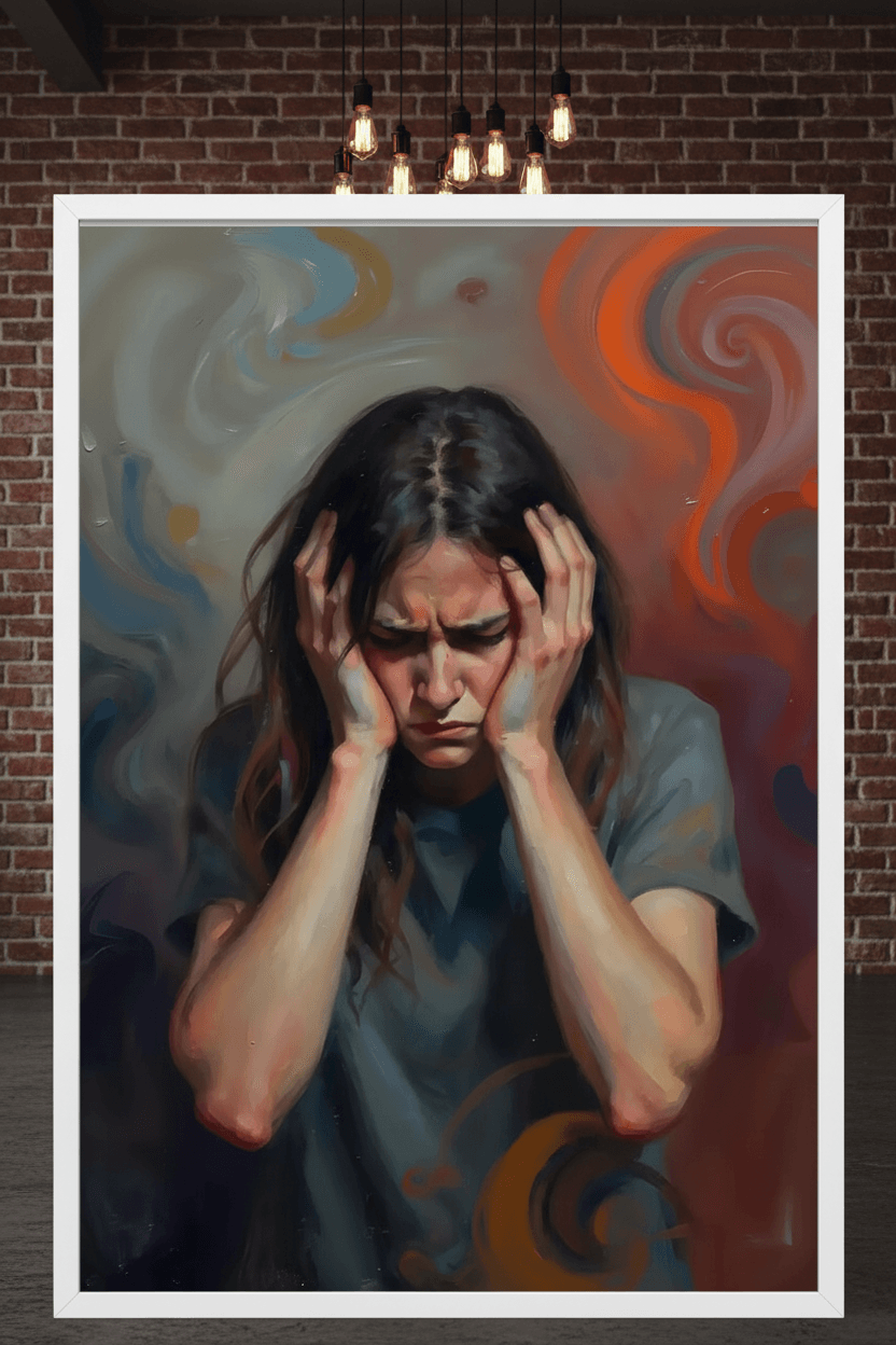 White-framed art print of a distressed woman holding her head, blue-green top, swirling colors.