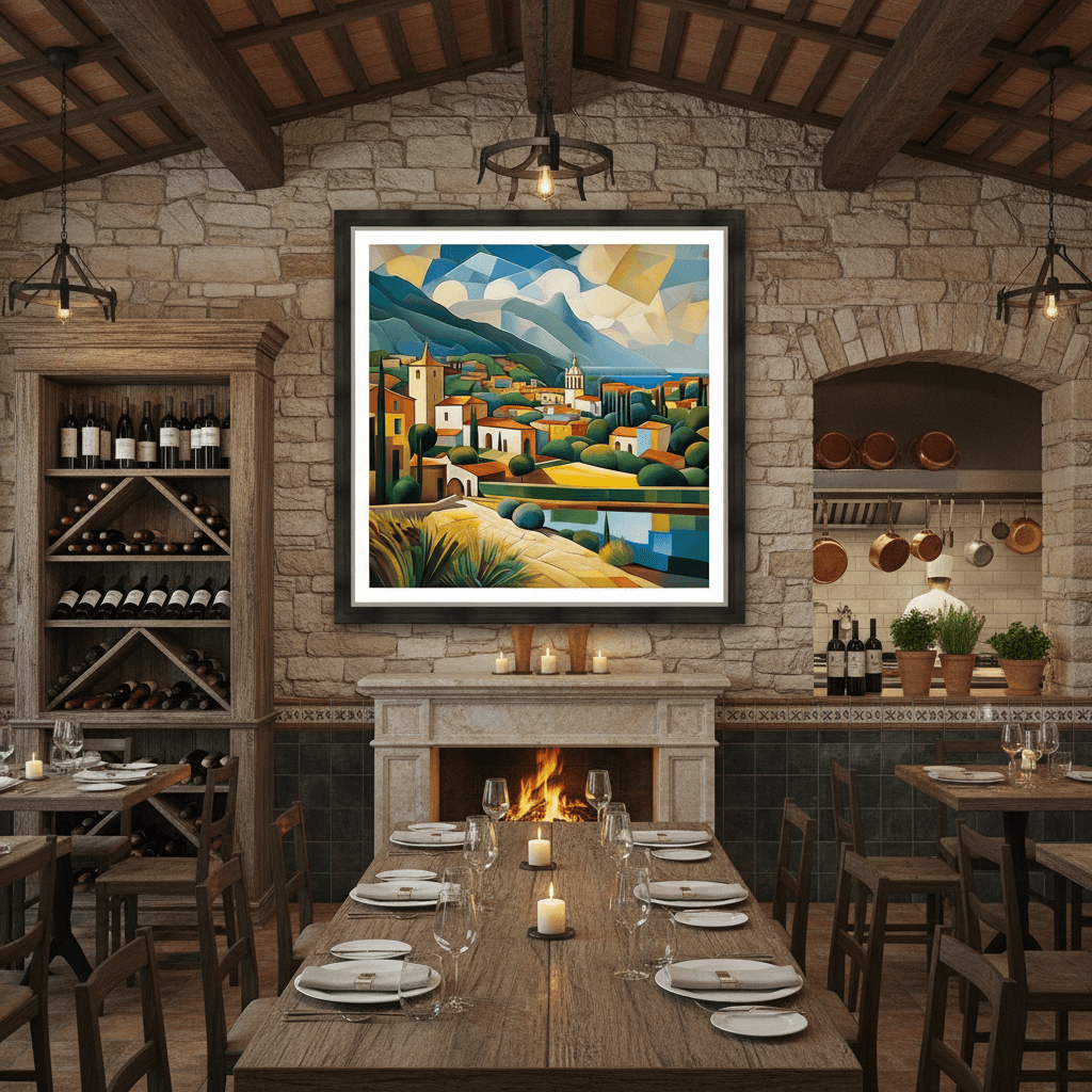 Framed geometric cubist Mediterranean landscape wall art print with town, hills, and lake