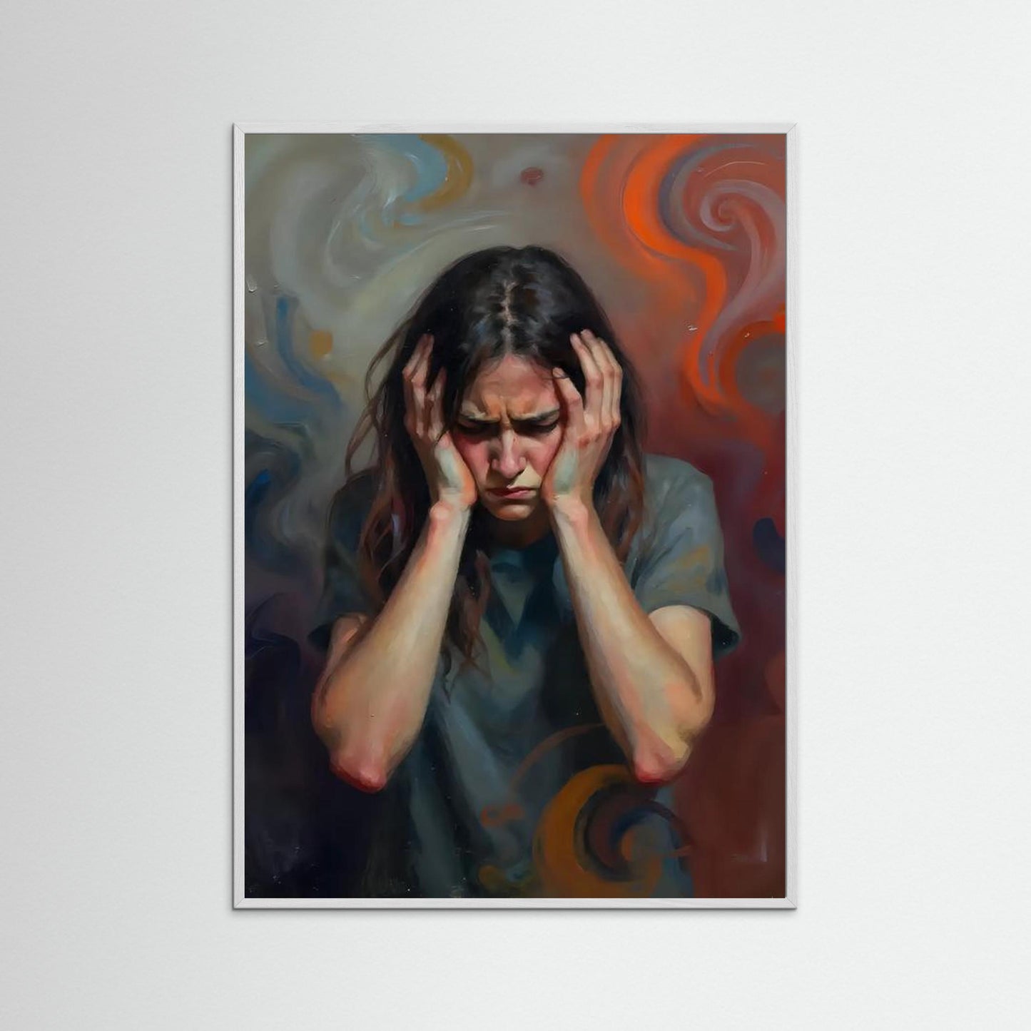 Contemplative Woman Amidst Swirling Colors