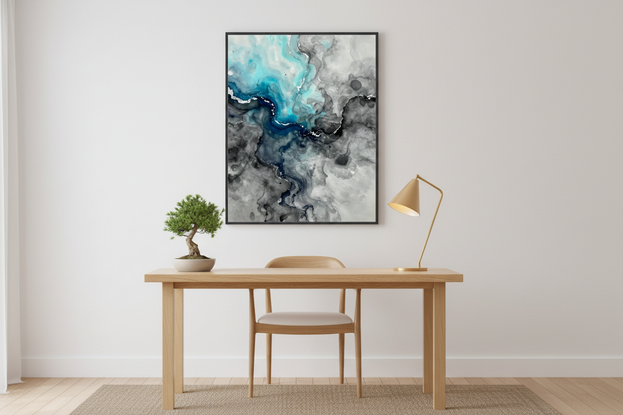Framed abstract wall art with blue and gray inked flow, black frame.
