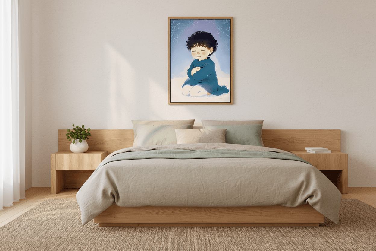 Framed print: kneeling child in blue holding a cup