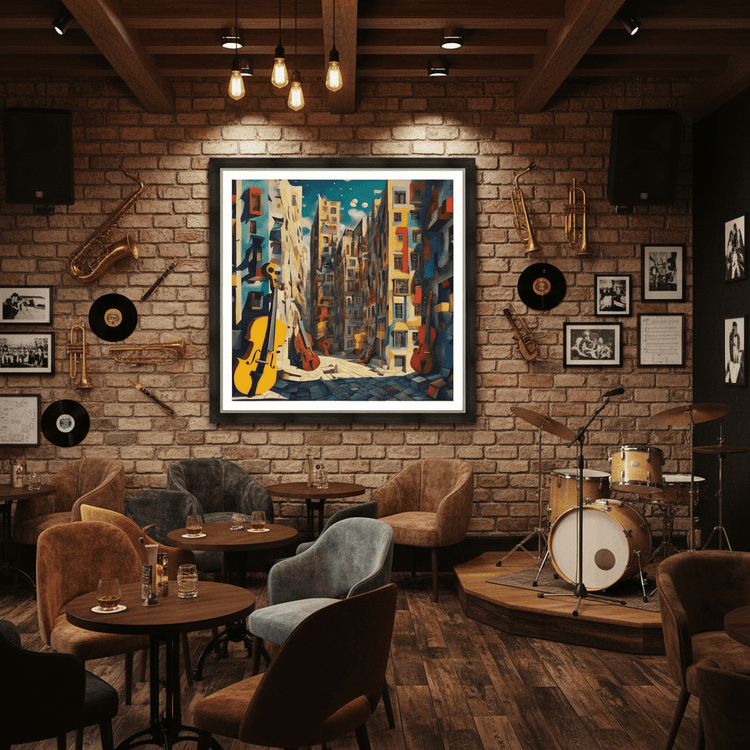 Framed wall art print showing a colorful surreal city street with yellow guitars
