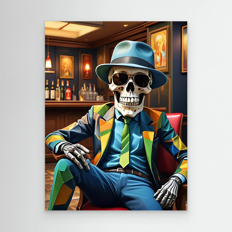Framed skull character artwork, wearing a teal hat and striped colorful suit with gloves.