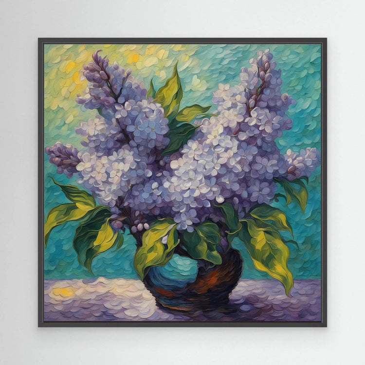 Framed floral lilac painting with dense purple blossoms, green leaves, and dark frame