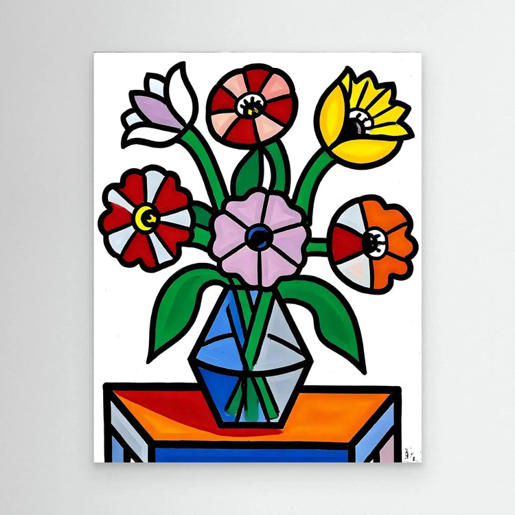 Geometric flower bouquet wall art with colorful blooms in a faceted vase on a table