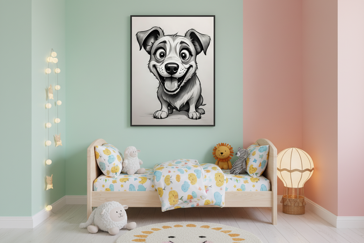 Framed black-and-white dog sketch wall art of a sitting puppy.