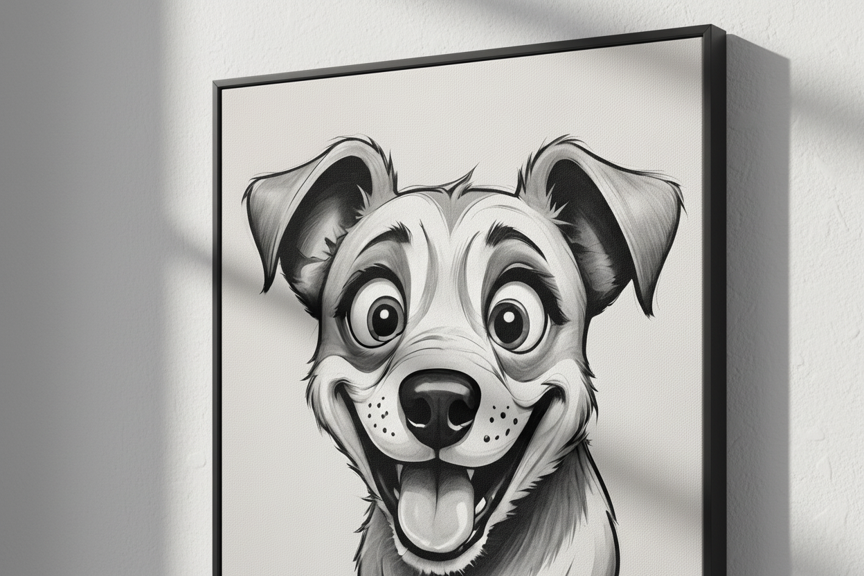 Framed black-and-white dog sketch wall art, close-up of a sitting puppy.