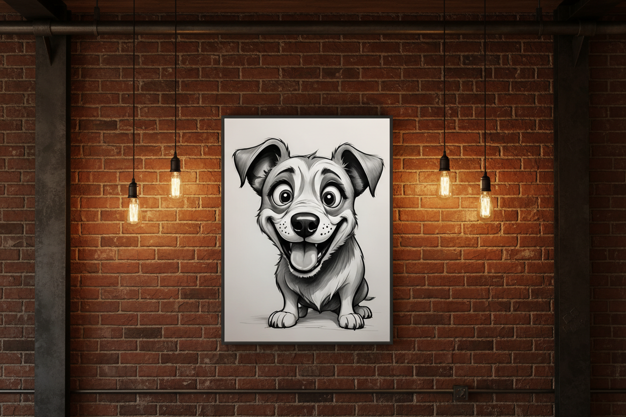 Framed black-and-white dog sketch wall art of a sitting puppy.