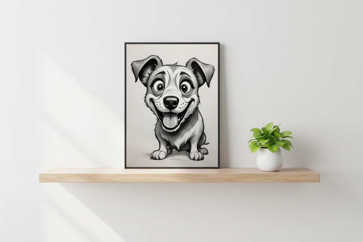Framed black-and-white dog sketch wall art of a sitting puppy portrait.