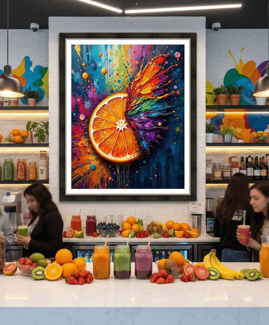 Framed abstract art featuring an orange slice surrounded by multicolor splash and wing shapes