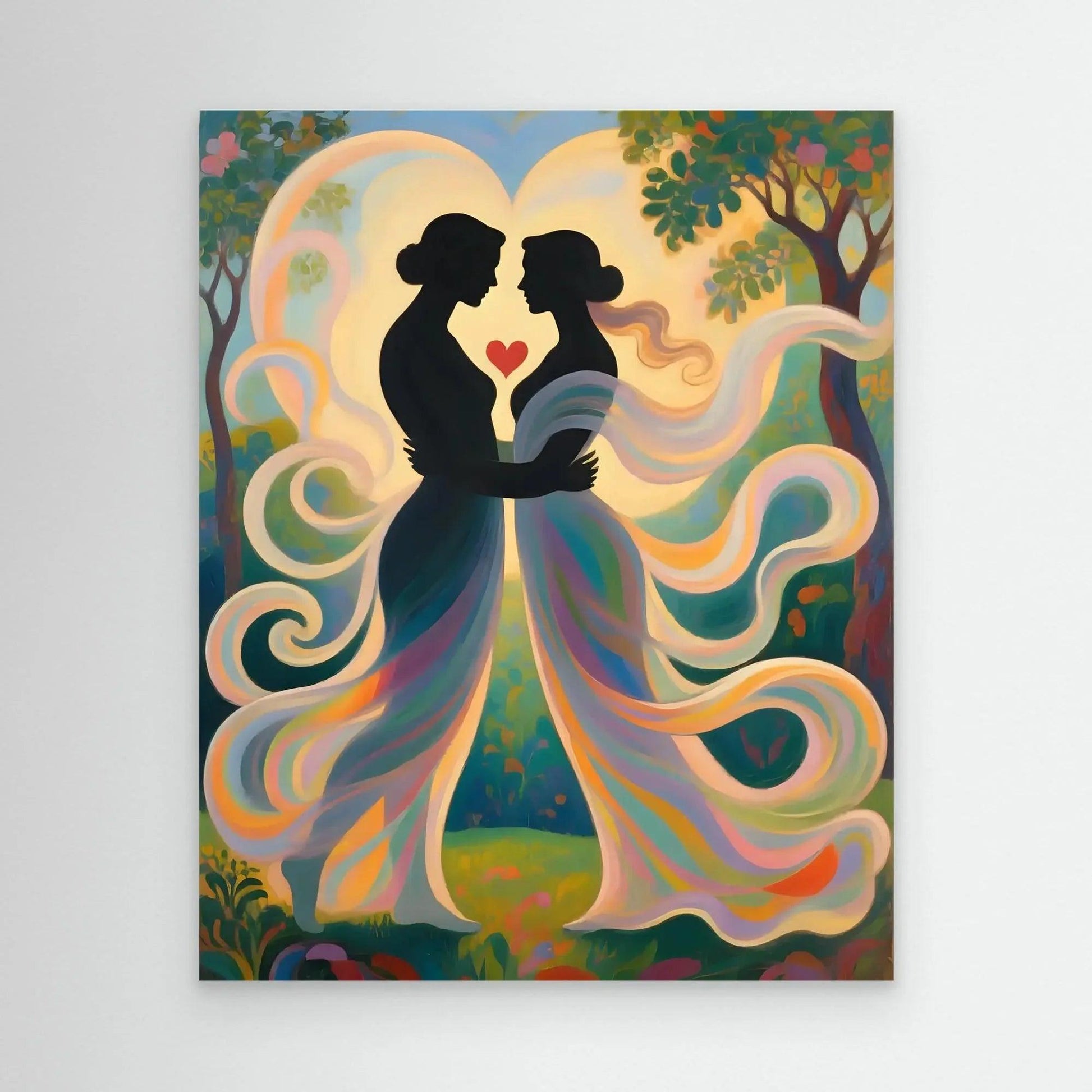 Framed couple silhouette wall art with red heart between two women, flowing colorful dresses