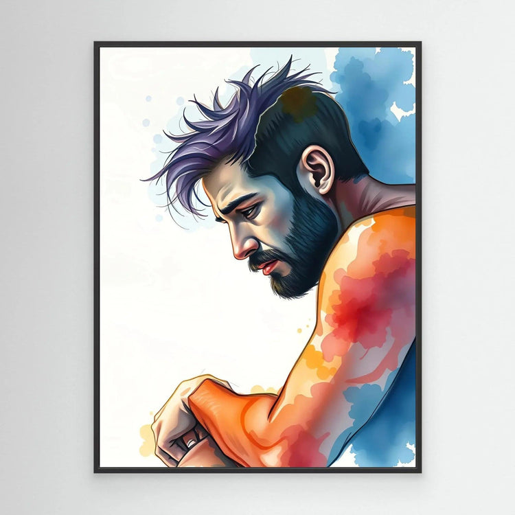 Framed portrait wall art of a contemplative man in blue and orange watercolor style.