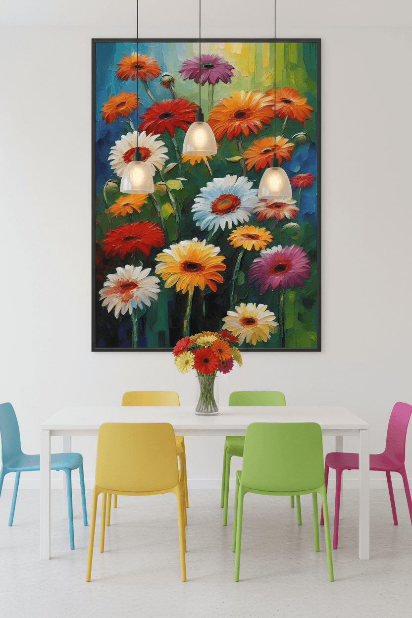 Framed textured gerbera floral art with vibrant multicolor gerbera blossoms