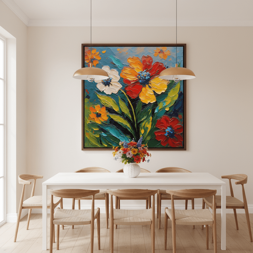 Impasto floral wall art in dark frame with red, orange, yellow, white blooms and blue centers