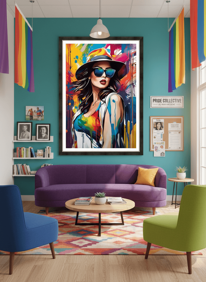 Framed pop-art portrait print of woman in hat and blue sunglasses with bold colors
