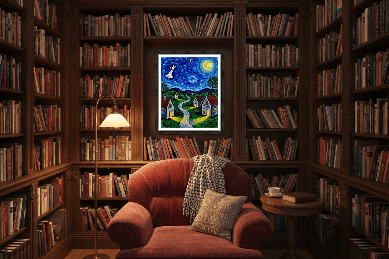 Framed wall art featuring a night sky village with stars, cat figure, moon, and winding path